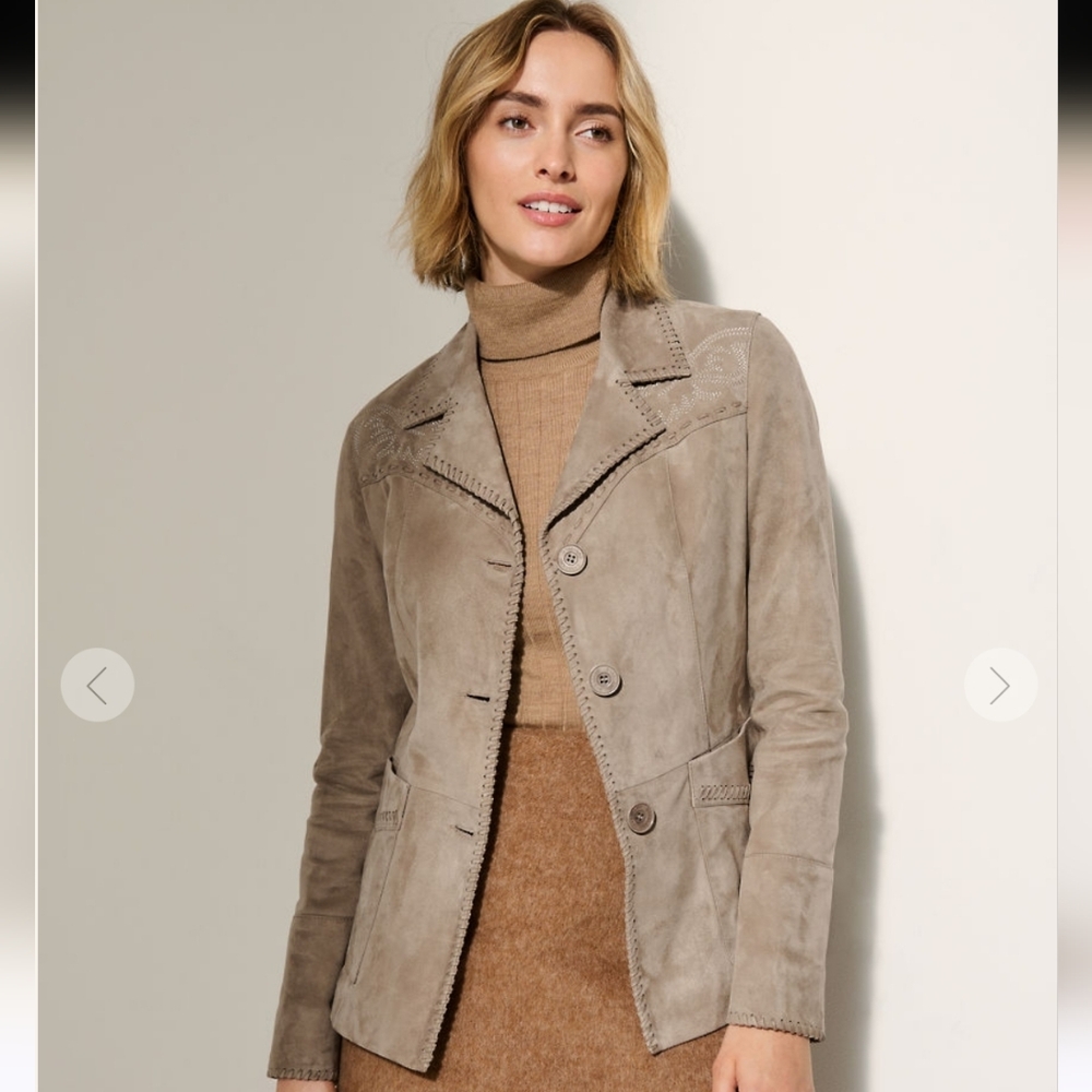 Suede Button-Front Overland Jacket in Taupe